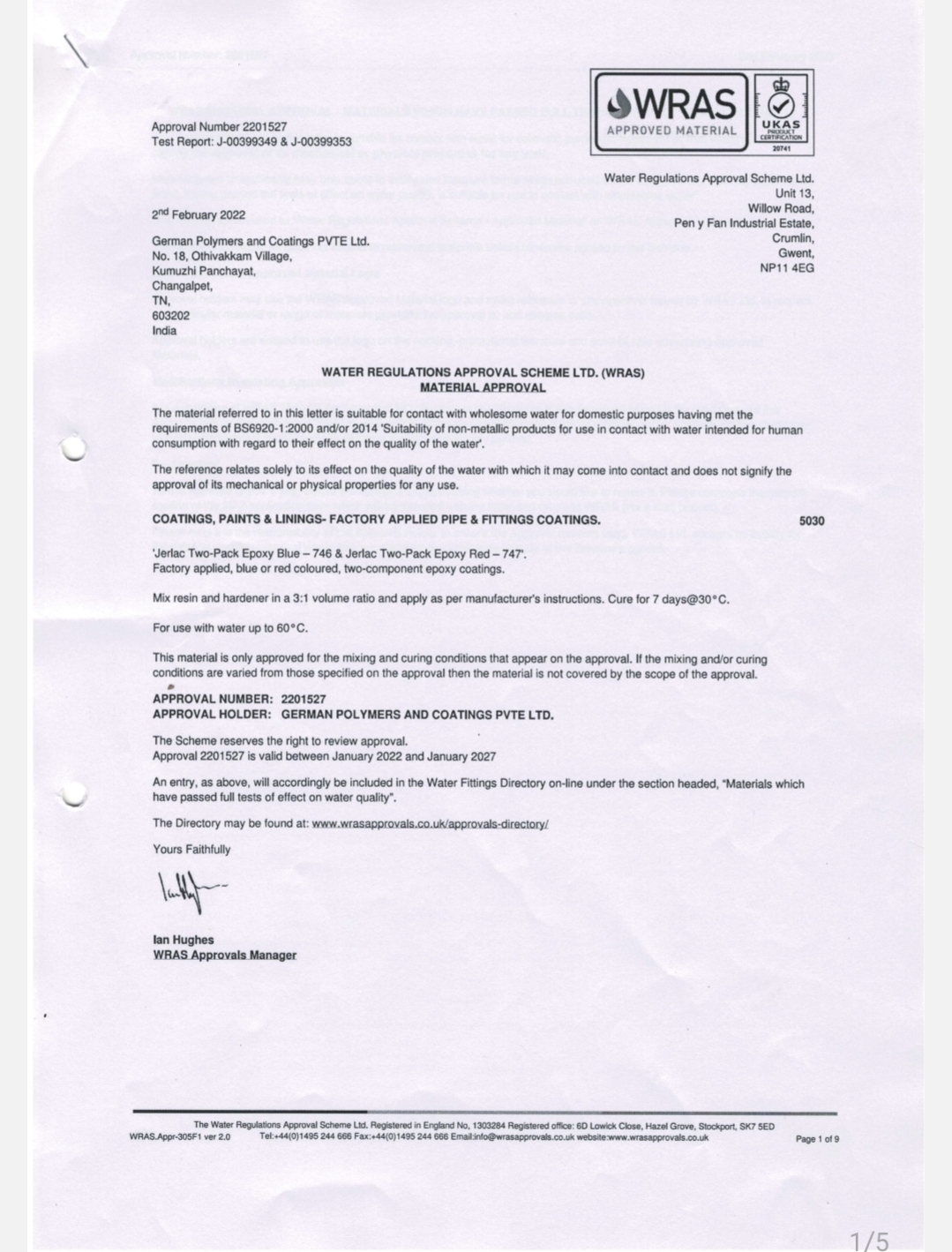 WRAS – Epoxy Coating<br><small>German Polymers & Coatings PVTE Ltd | Approval No. 2201527</small>