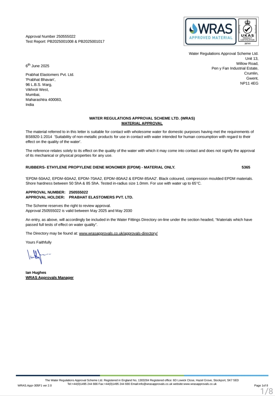 WRAS – EPDM Rubber<br><small>Prabhat Elastomers Pvt. Ltd. | Approval No. 240355050</small>