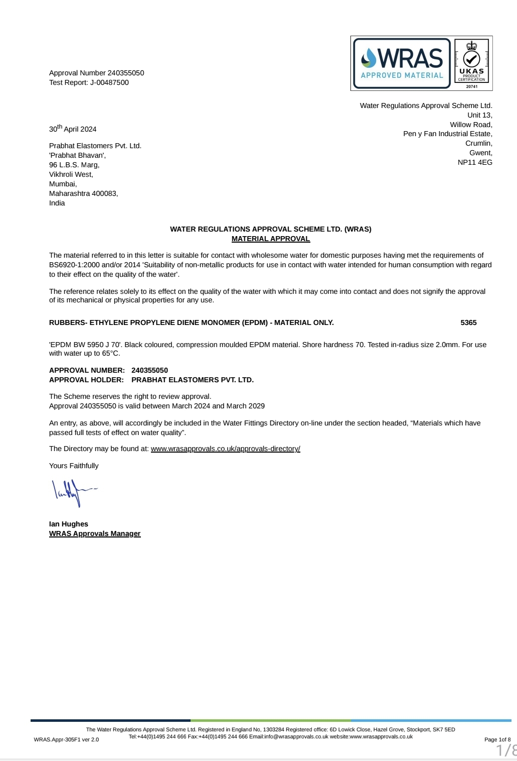 WRAS – EPDM Rubber<br><small>Prabhat Elastomers Pvt. Ltd. | Approval No. 250555022</small>